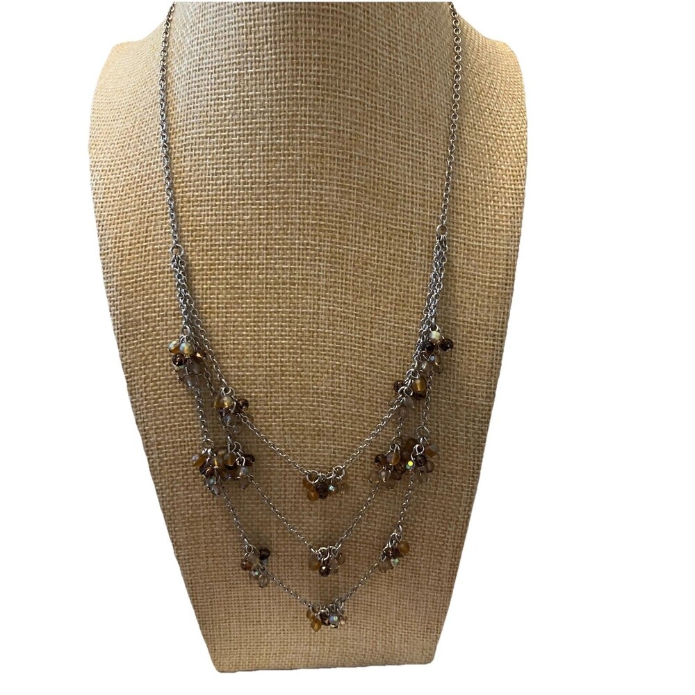 Coldwater Creek Necklace Multilayer silver tone Chains brown beads